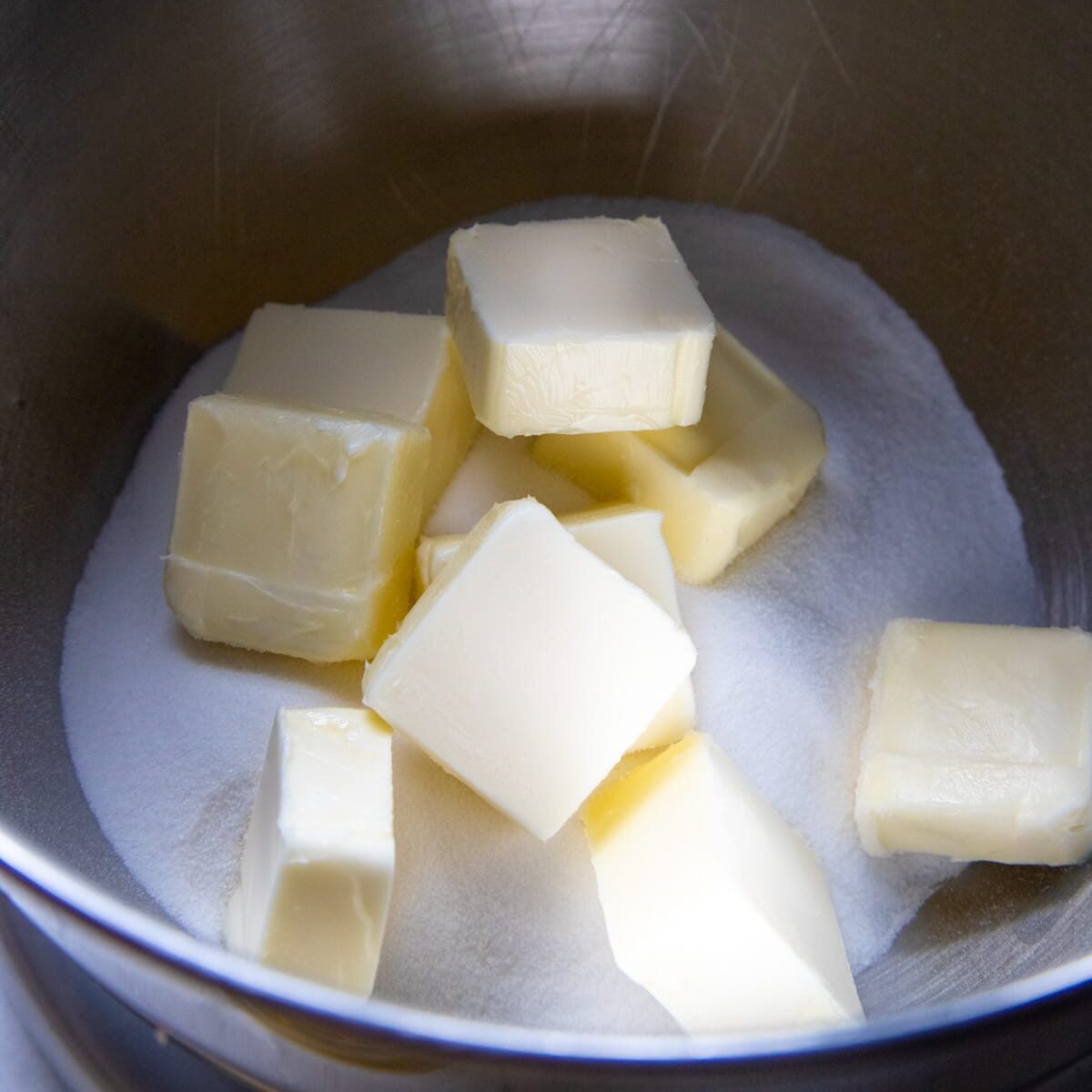 Butter and sugar in the bowl of a stand mixer