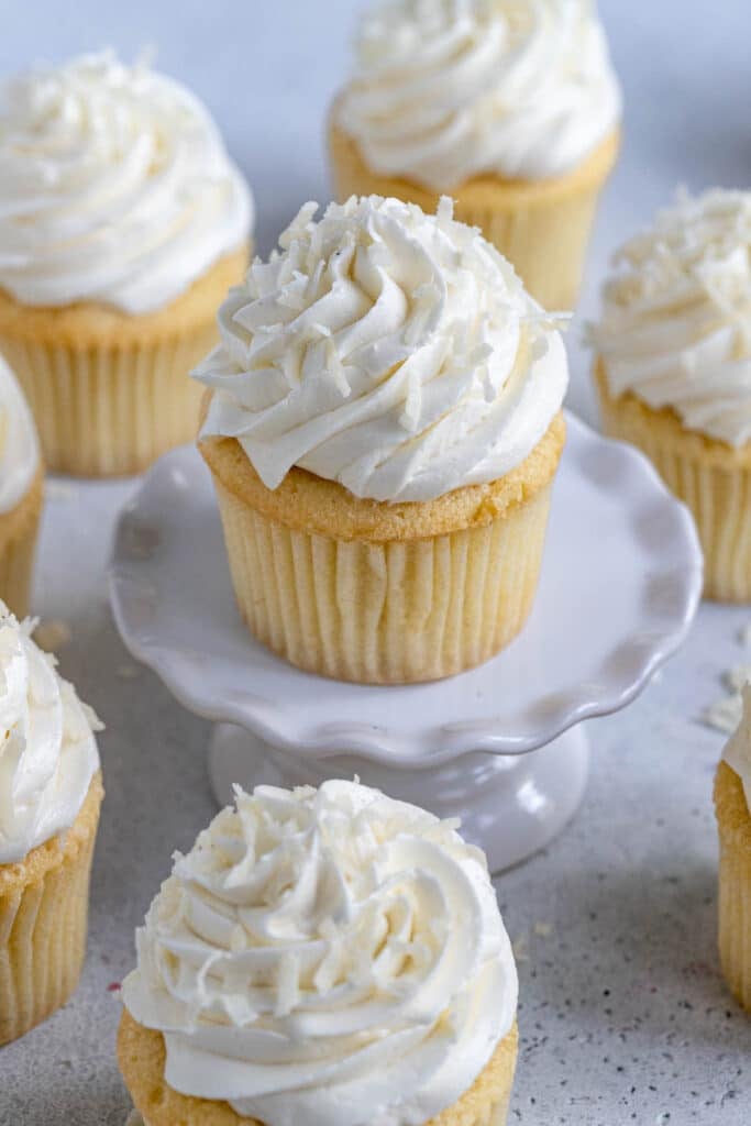 Moist Coconut Cupcakes with Coconut Ermine Frosting