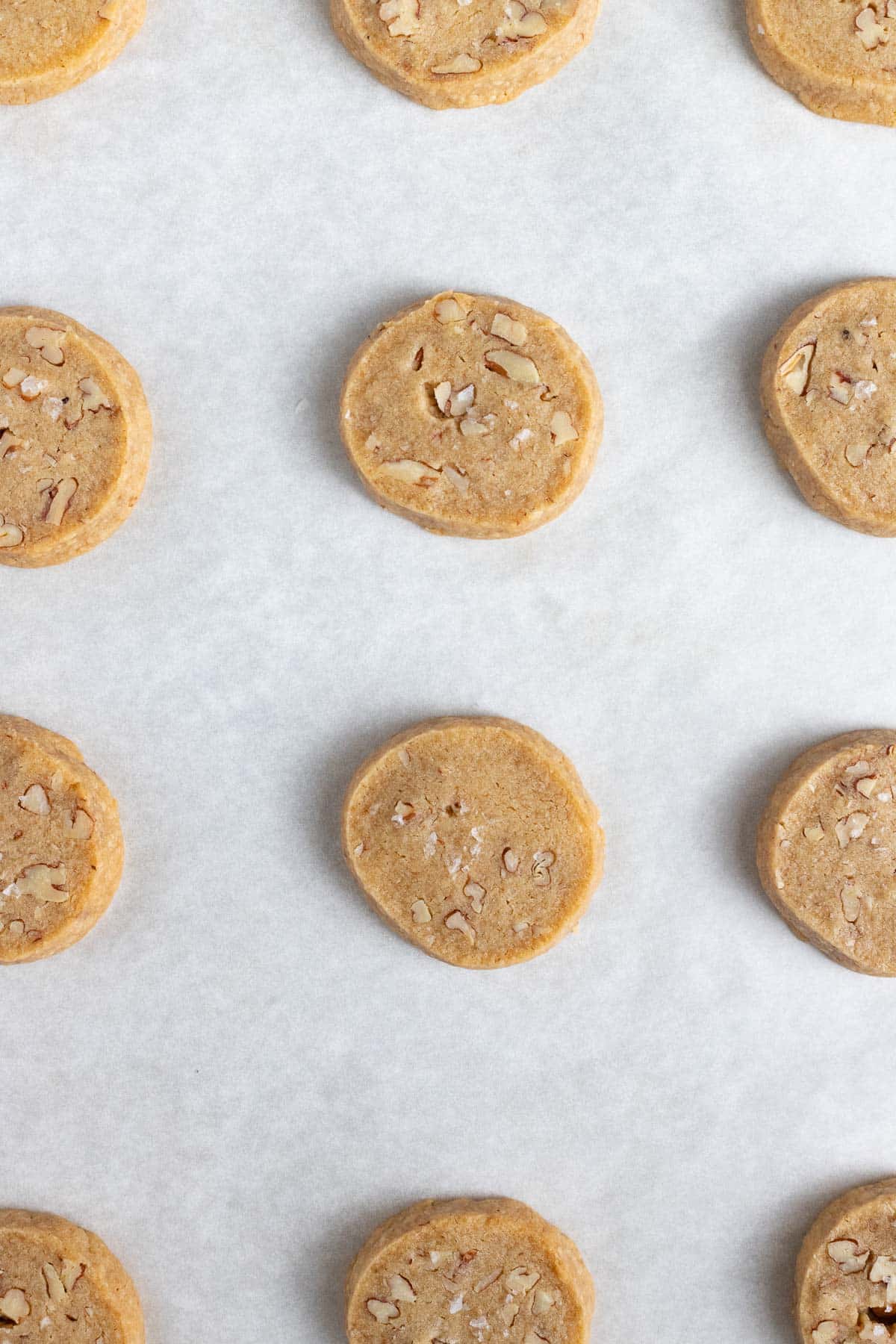Baked brown sugar pecan cookies on a baking sheet lined with parchment paper. The cookies are round in shape and golden brown