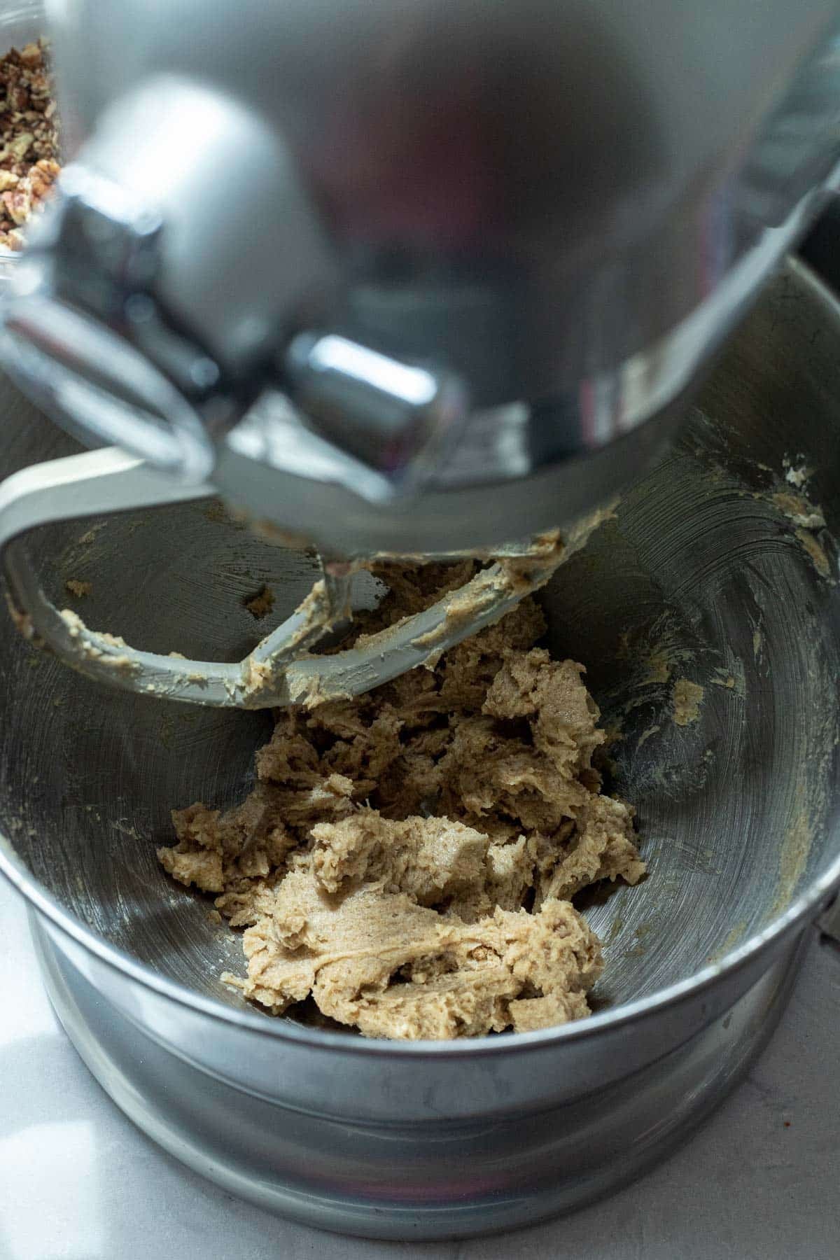 Creamed butter and sugar in the bowl of a stand mixer