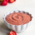 Strawberry rhubarb curd in white bowl