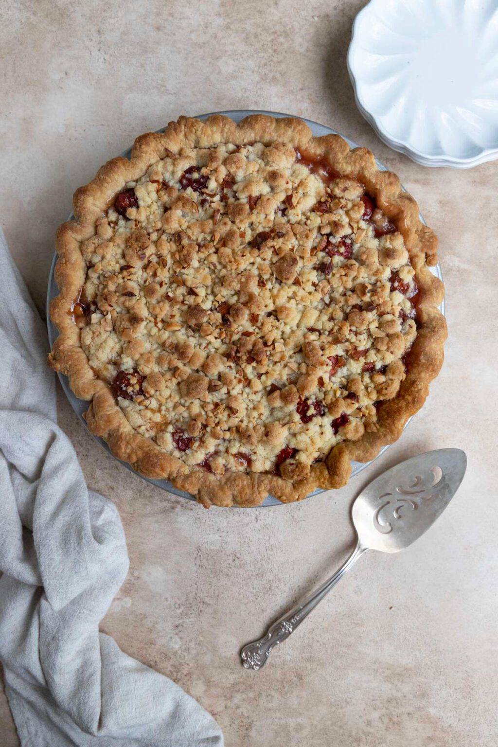 Sour Cherry Pie with Almond Crumble Topping - Bakes by Brown Sugar