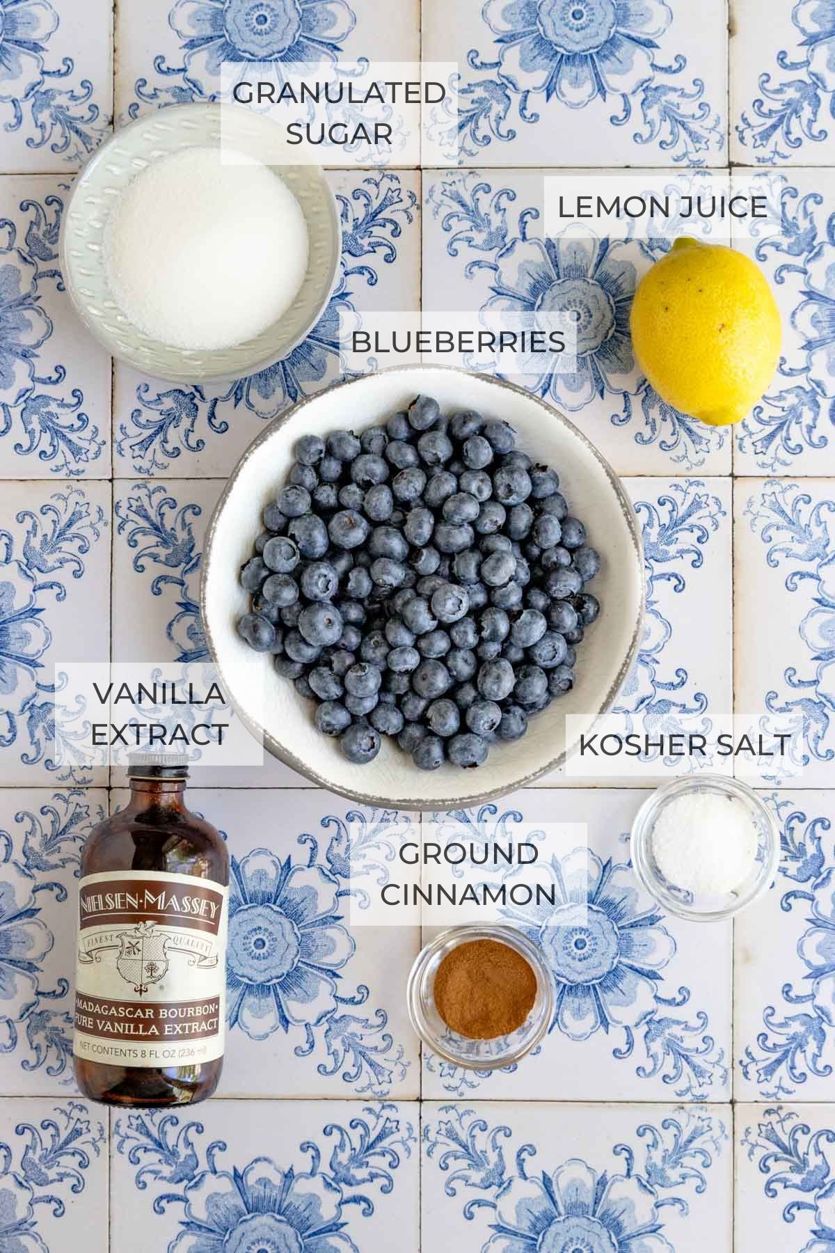 Top-down view of the blueberry compote ingredients - granulated sugar, fresh blueberries in a white bowl, a lemon, kosher salt, ground cinnamon, pure vanilla extract.