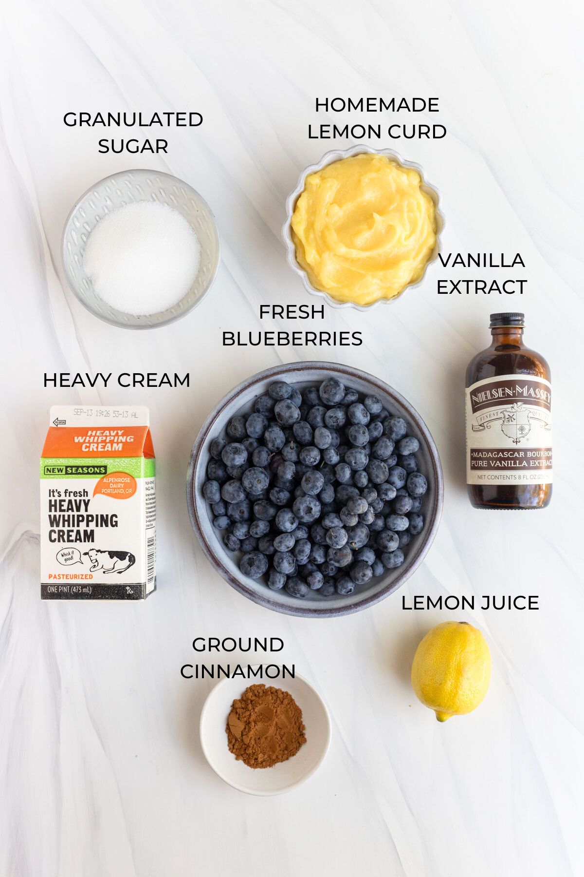 Blueberry lemon parfait ingredients - homemade lemon curd, vanilla extract, lemon juice, ground cinnamon, fresh blueberries, heavy cream, granulated sugar