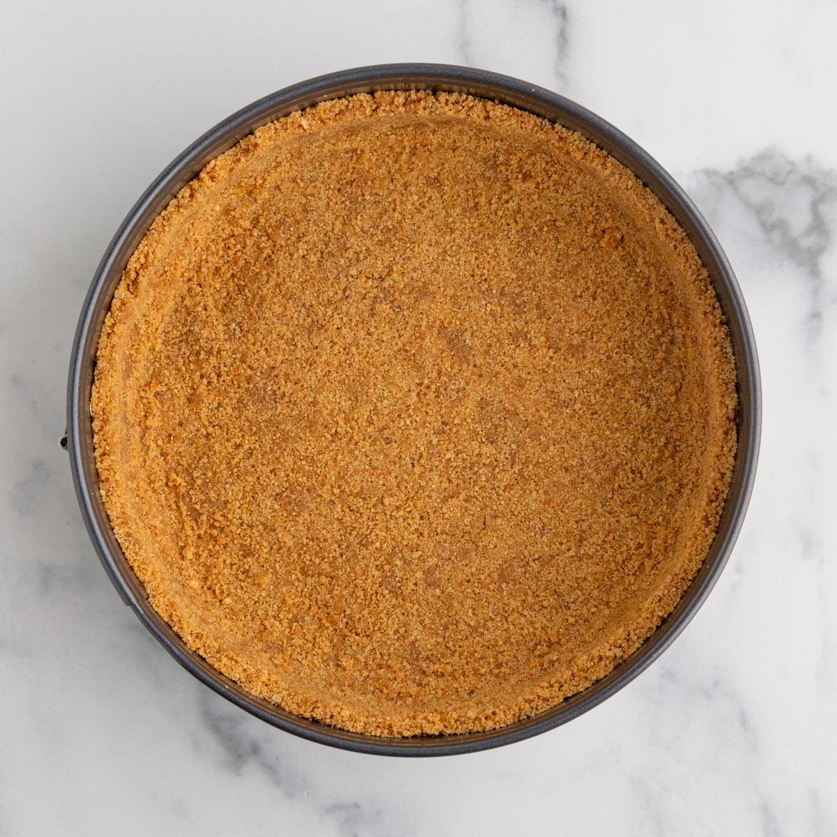 Graham cracker crust pressed into a springform pan