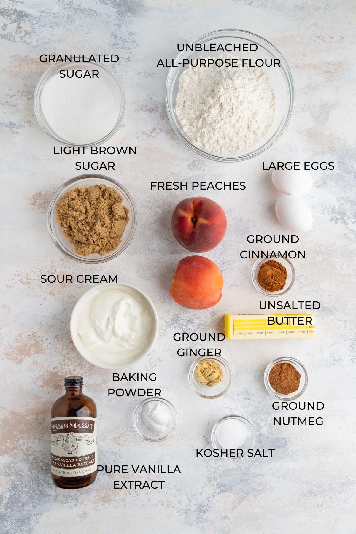 Peach Streusel Muffin ingredients: all-purpose flour, large eggs, ground cinnamon, unsalted butter, ground nutmeg, kosher salt, ground ginger, baking powder, vanilla extract, sour cream, light brown sugar, granulated sugar, fresh peaches