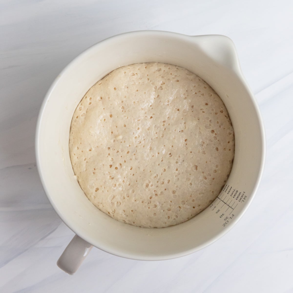 Preferment dough in a ceramic bowl. The top of the dough is covered with a lot small bubbles and holes.