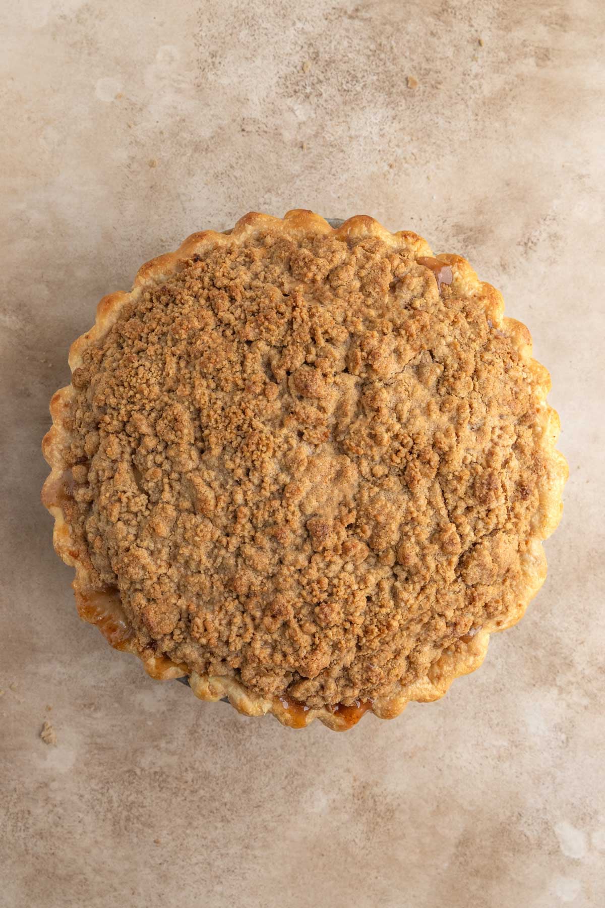 The baked apple pie. The top if golden brown and the edges of the crust are golden brown