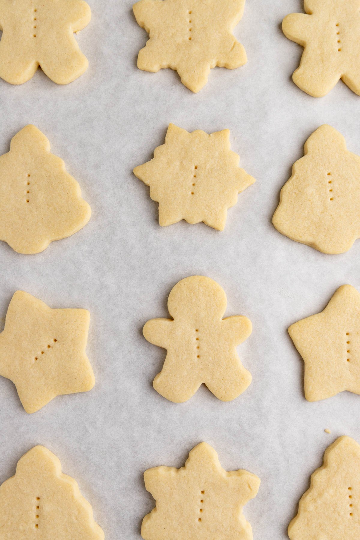 Baked shortbread cookies on a parchment lined baking sheet