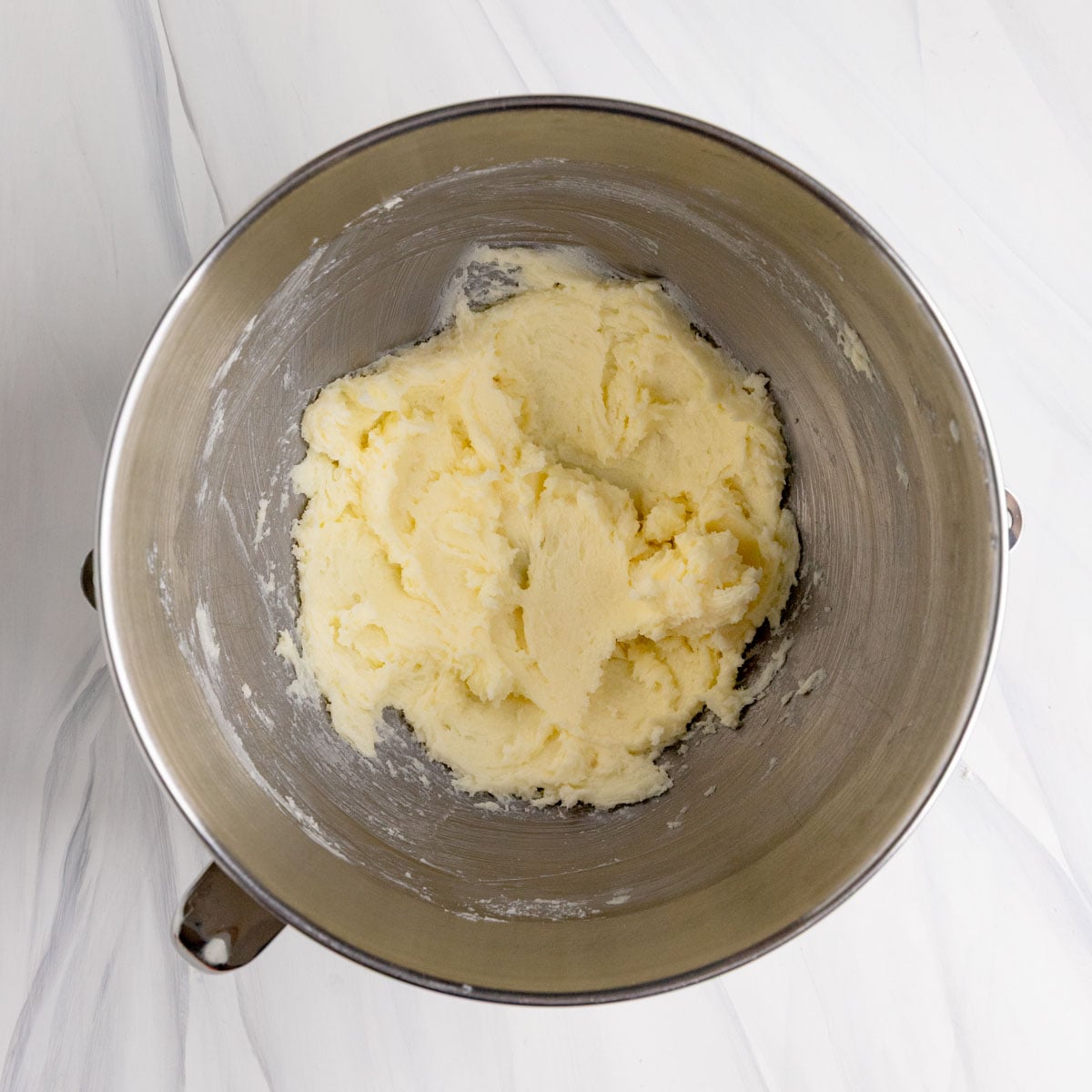 Creamed butter and sugar in the bowl of a stand mixer