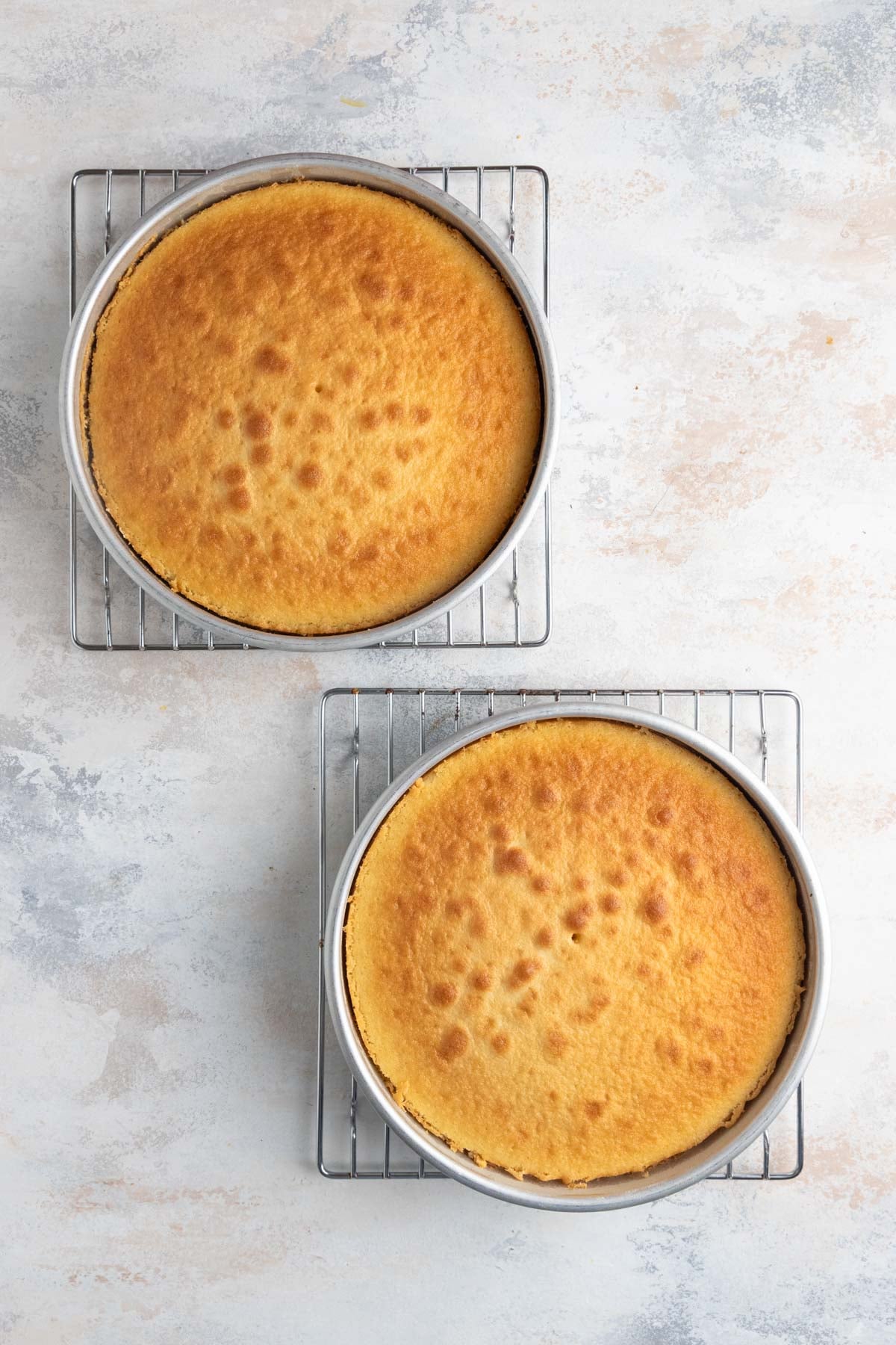 The baked cake layers in 2 9-inch round cake pans