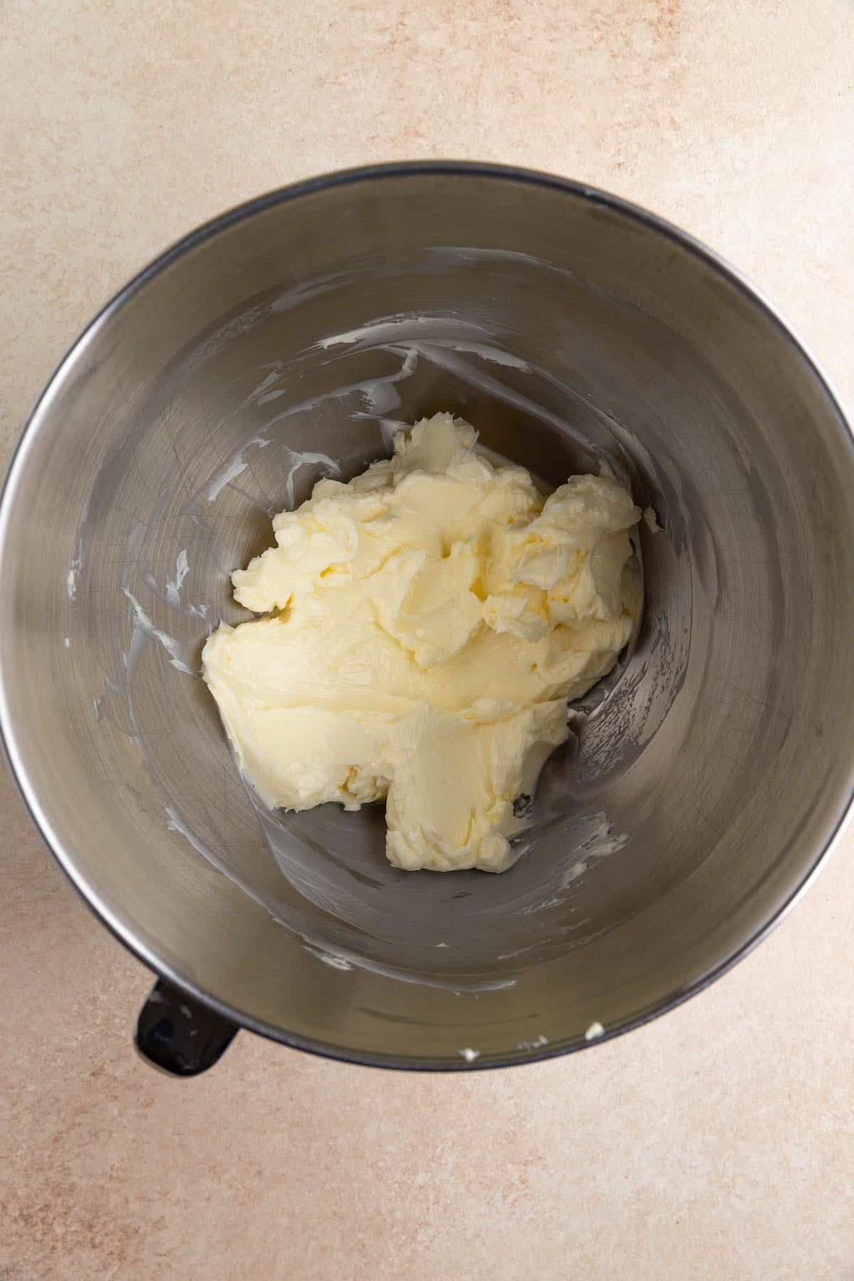 Whipped butter in the stainless steel bowl of a stand mixer
