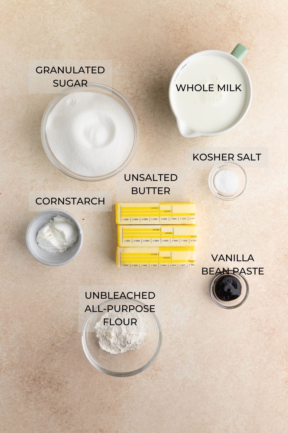 Vanilla ermine frosting ingredients (clockwise) - whole milk, kosher salt, vanilla bean paste, all-purpose flour, unsalted butter, cornstarch, and granulated sugar.