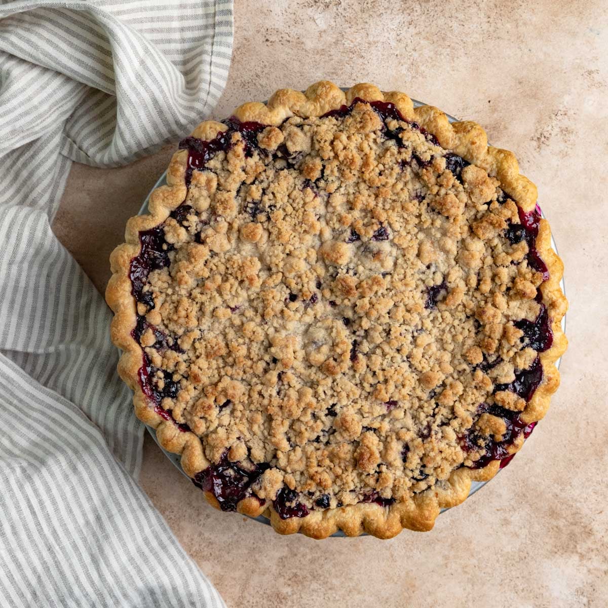 Baked 9-inch blueberry crumble pie with a golden brown crumble